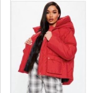 Red oversized puffer coat
